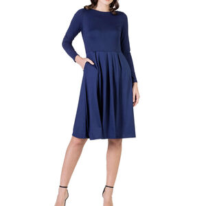 24Seven Comfort Women's Size Small Navy Blue Midi Fit & Flare Pocket Dress NWT